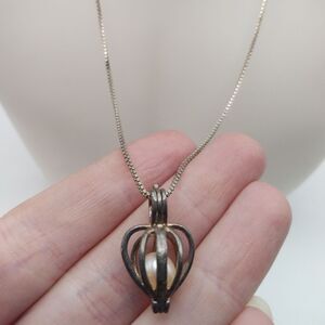 Antique 925 sterling silver necklace and sterling caged authentic pearl‎